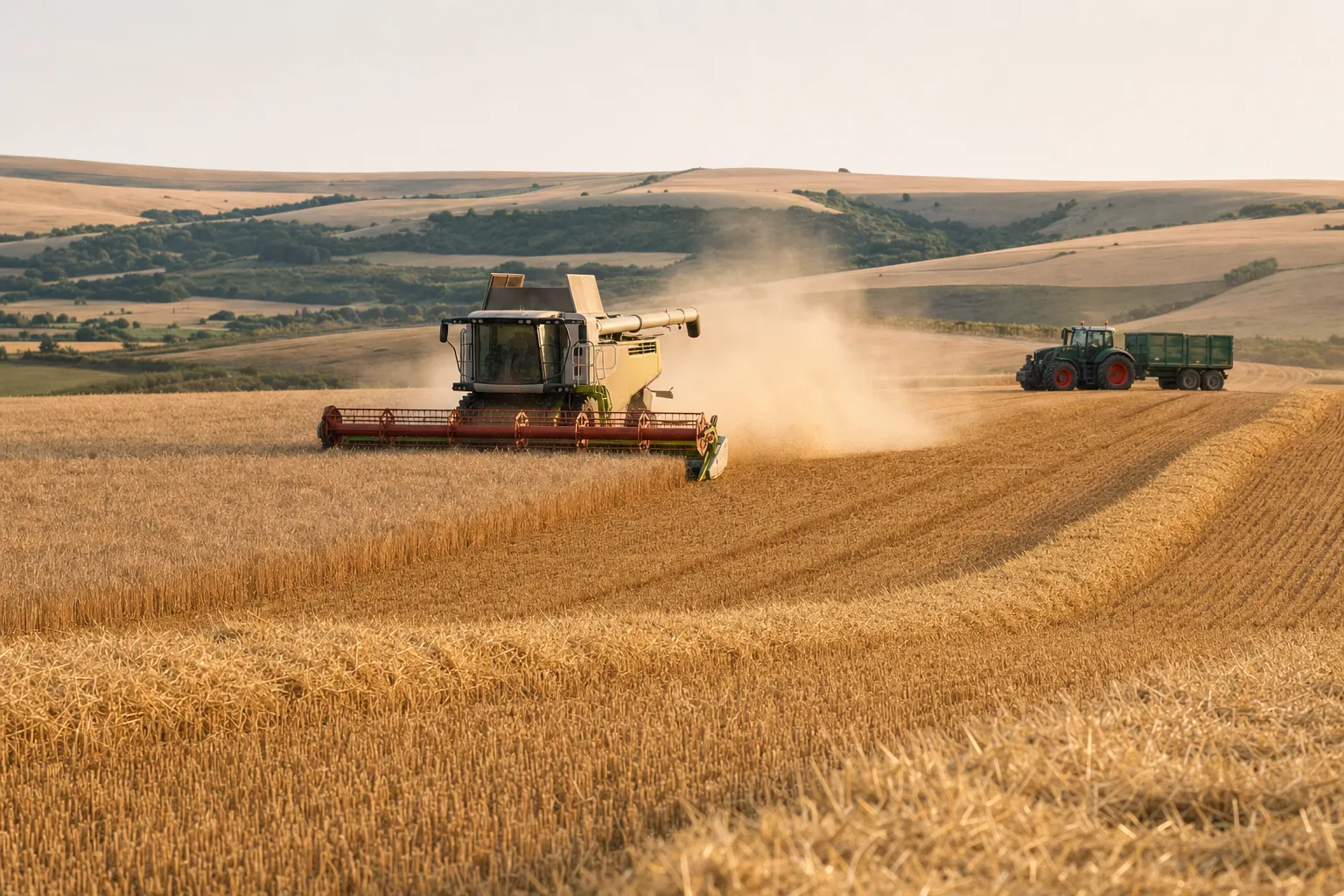 A combine harvester cutting ripe wheat on the Lincolnshire Wolds in late afternoon light
