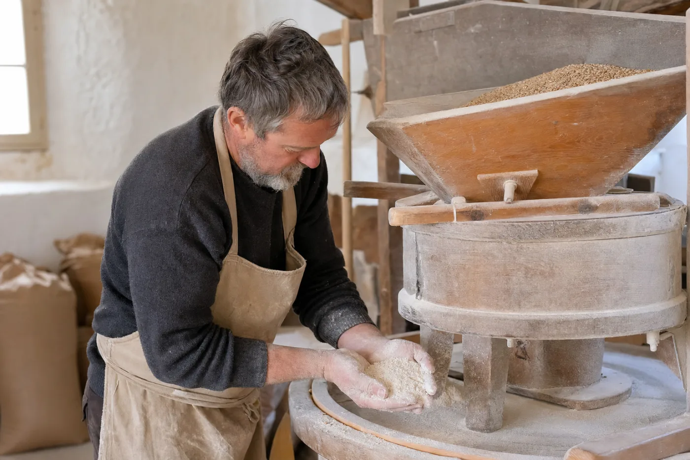 A miller checking freshly ground flour beneath the stones of a small farm mill